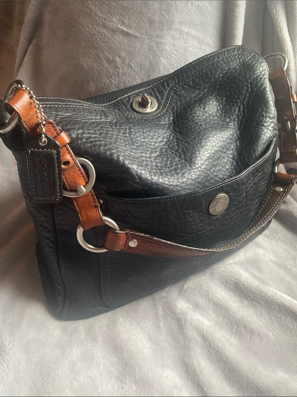 Coach Black Y2K Pebbled Leather Shoulder Bag with Brown Strap